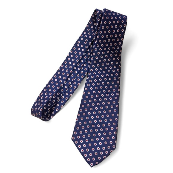 Vintage 1980s Brooks Brothers all silk tie in navy blue with white & red pattern - Picture 1 of 5